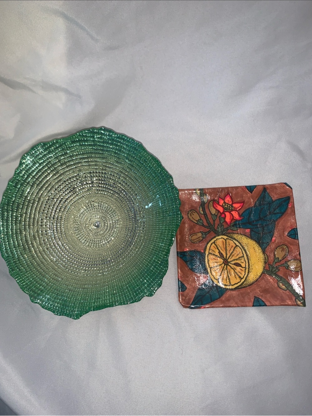 Green Textured Decorative Glass Bowl with Citrus Ceramic Accent